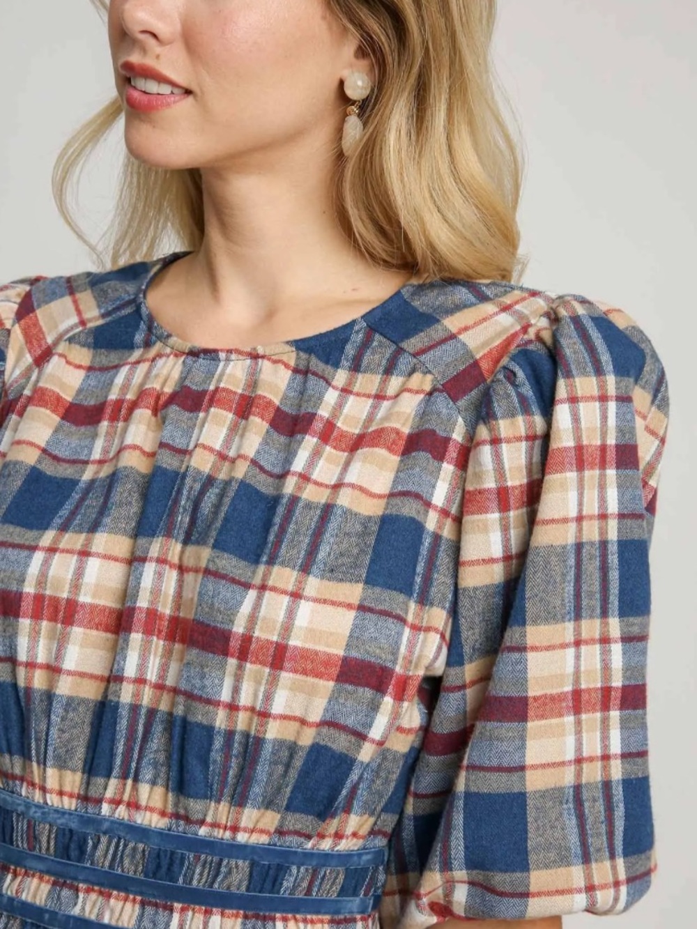 Umgee Plaid Puff Sleeve Mini Dress NWT | Americana Picnic Cottagecore - Picture 6 of 8